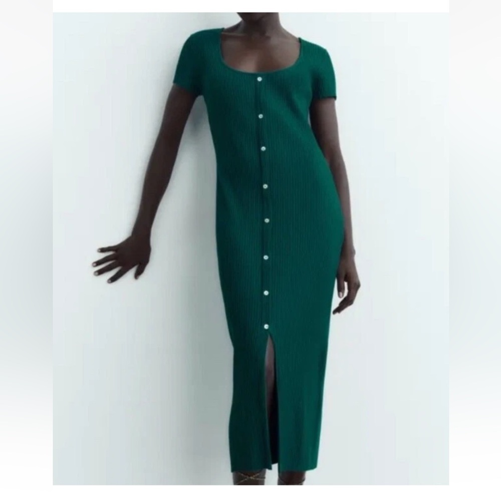 ZARA emerald green button down midi dress